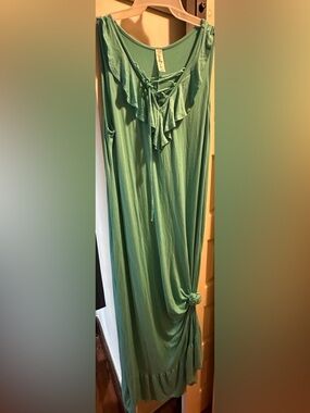 Sleeveless Aqua Maxi Dress with Lace-Up Ruffle Neckline